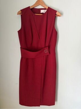 Hugo Boss Red Crimson Sheath Dress US 6 Belted Sleeveless Career Cocktail